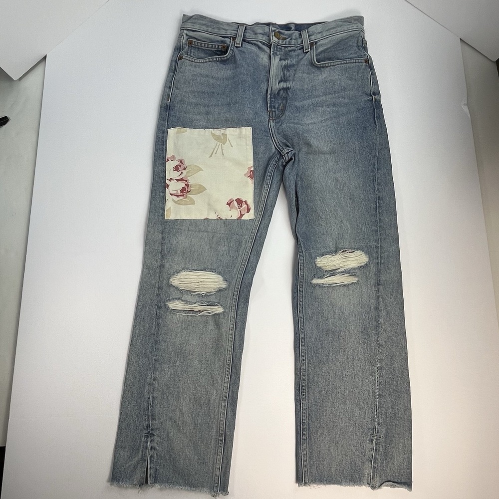 B Sides Jeans Size 28 High Rise Floral Patchwork Raw Hem Crop Boho Made In USA